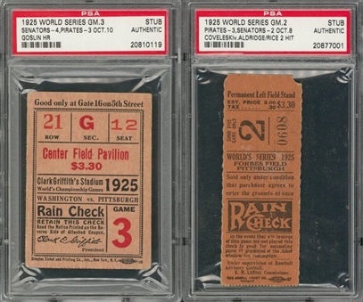 1925 Pair Of World Series Ticket Stubs From Games 2 And 3 - Pirates Vs. Senators (PSA)